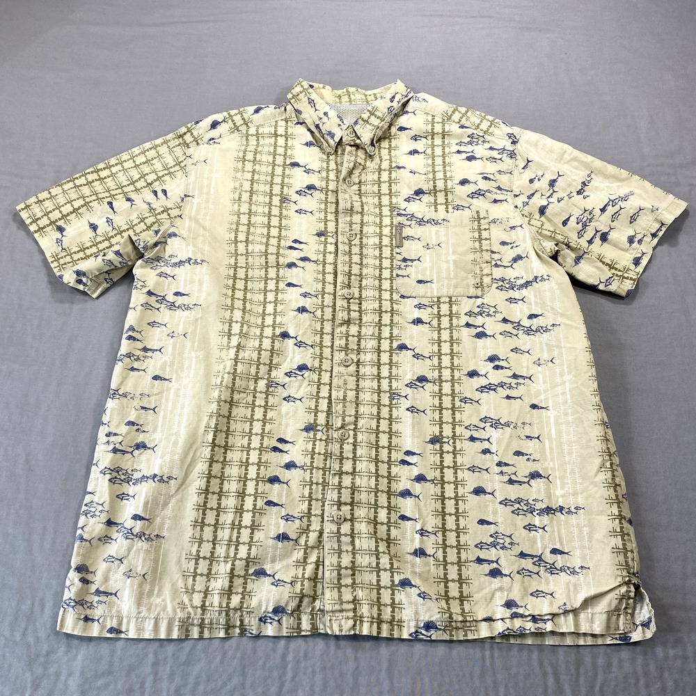 Columbia PFG Shirt Mens Large Beige Button Vented Fishing Marlin Tuna Adult